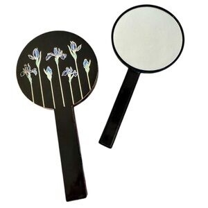 Vintage Otagiri Double Hand Mirror Nesting Black Lacquer Iris Floral Japanese